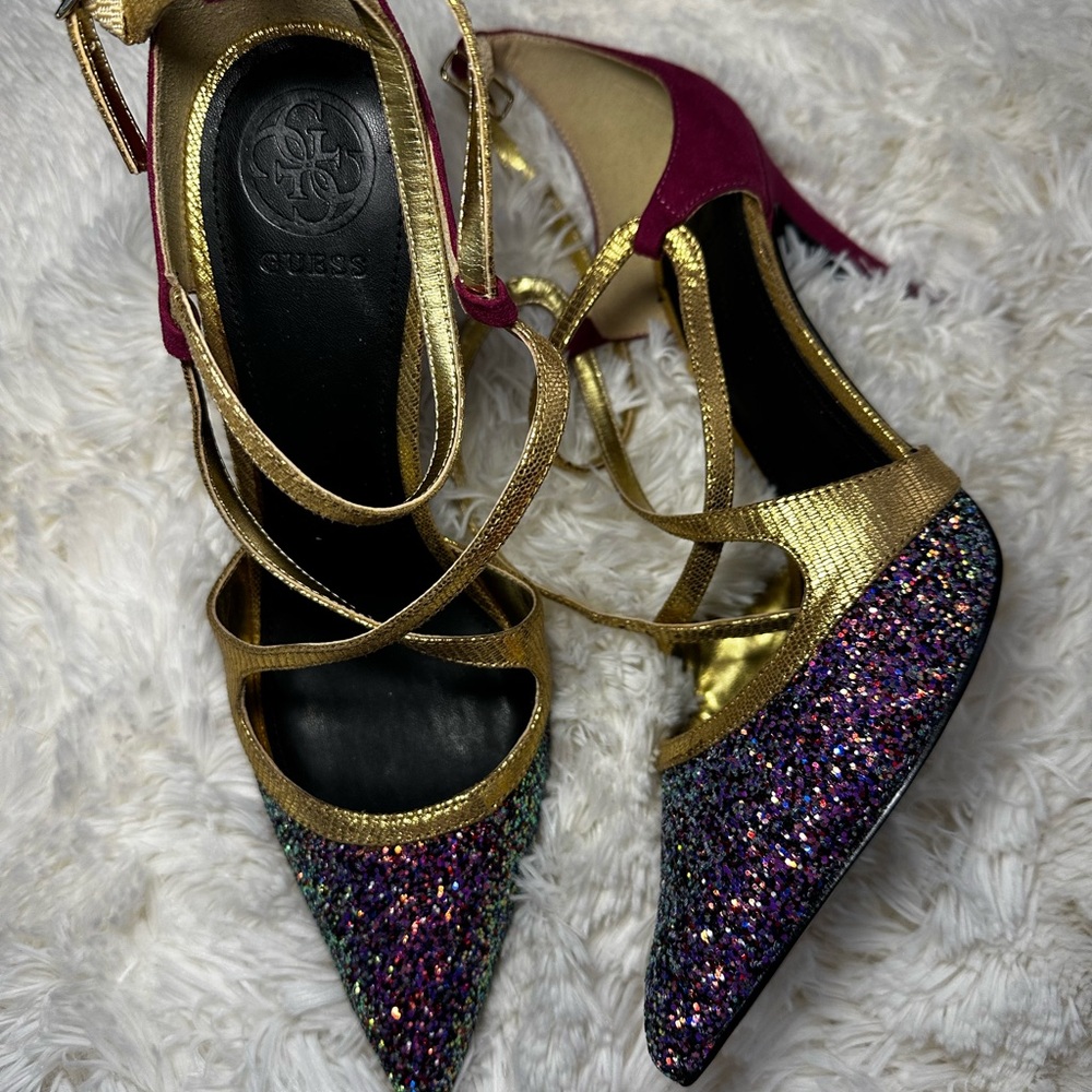 GUESS Glitter Heels with Gold Straps